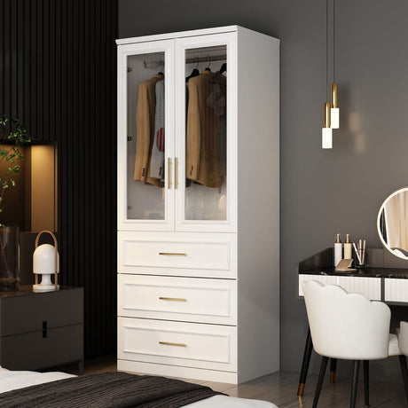 FAMAPY Wardrobe Closet with 2 Glass Doors & 3 Drawers, Armoire Wardrobe Closet with Hanging Rod, Gold Metal Handles, Bedroom Armoire Closet White (31.7”W x 19.3”D x 74.9”H) FAMAPY