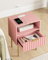 Aienvey Night Stand with Charging Station, Fluted Bedside Table with Gold Frame, Side Table with Drawer and Shelf for Bedroom, Living Room, Pink Aienvey