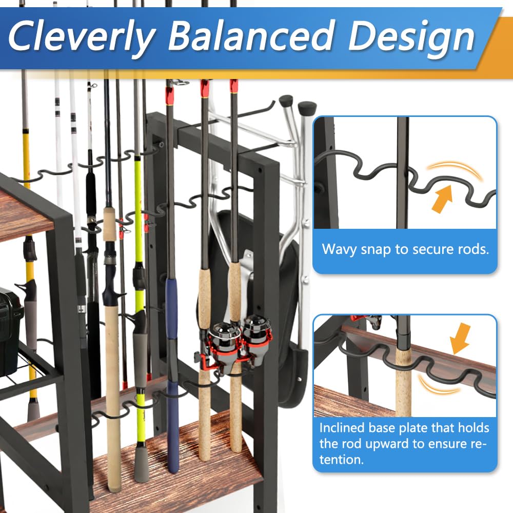 Dobures Fishing Rod Holder, 3-Tier Fishing Pole Rack, Fishing Equipment Organizer Tackle Storage Cart for Garage Organization, Holds up to 12 rods Dobures