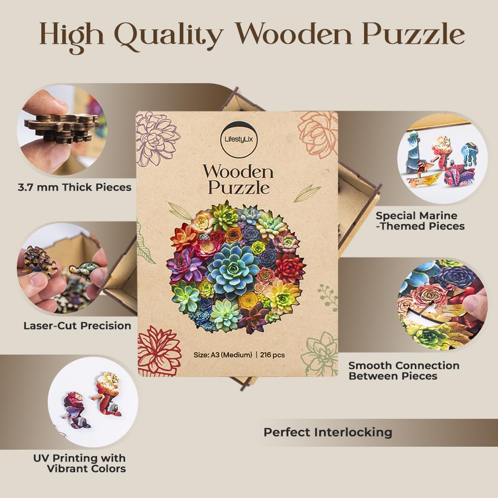 Wooden Puzzle for Adults, 216 pcs Puzzle, Wooden Jigsaw Puzzle, Jigsaw Puzzles, Succulent Puzzles, Rompecabezas de Madera LifeStyLix