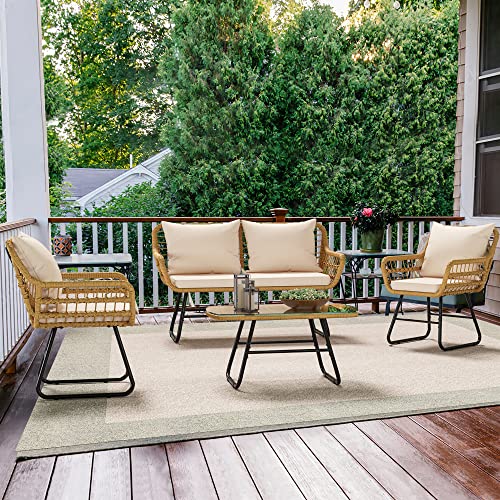 YITAHOME 4-Piece Patio Furniture Wicker Outdoor Bistro Set, All-Weather Rattan Conversation Loveseat Chairs for Backyard, Balcony and Deck with Soft Cushions and Metal Table (Light Brown+Beige) YITAHOME