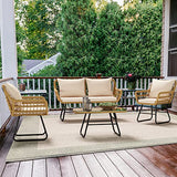 YITAHOME 4-Piece Patio Furniture Wicker Outdoor Bistro Set, All-Weather Rattan Conversation Loveseat Chairs for Backyard, Balcony and Deck with Soft Cushions and Metal Table (Light Brown+Beige) YITAHOME