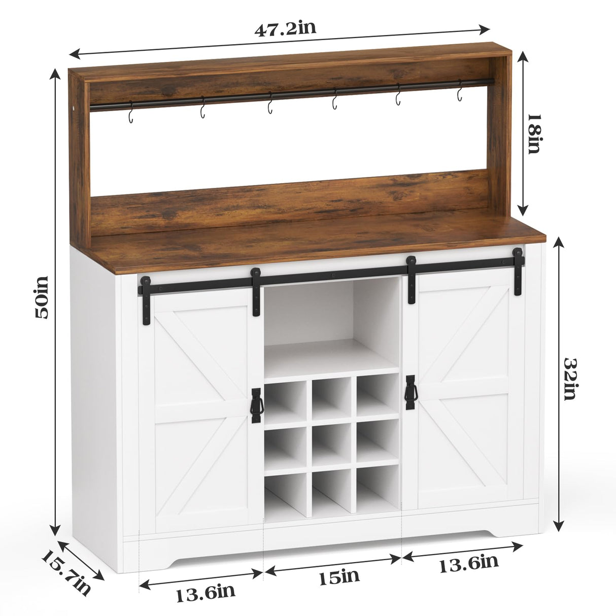 SYESWAY 47" Farmhouse Coffee Bar Cabinet with Sliding Barn Doors, Wine Rack & Hooks in White SYESWAY
