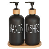 Glass Soap Dispenser Set. Hand Soap and Dish Soap Dispenser with Bamboo Tray. Vintage Soap Dispenser with Pump for Kitchen Sink and Bathroom. Stylish Permanent Label (Matte Black) DIDROOM