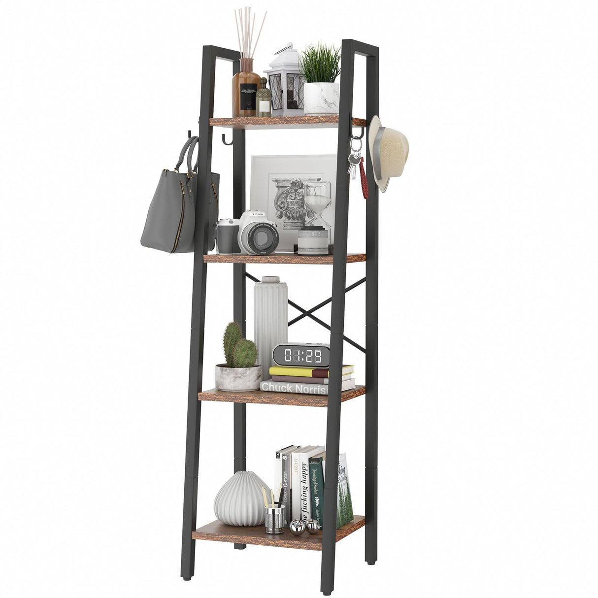 YMYNY 4 Tiers Ladder Bookcase, Industrial Narrow Bookshelf, Open Display Rack with 4 S Hooks, Metal Storage Shelves for Bedroom, Home Office, Living Room, Rustic Brown, 49.2H*13.4L*11.8W, UHBC024H YMYNY