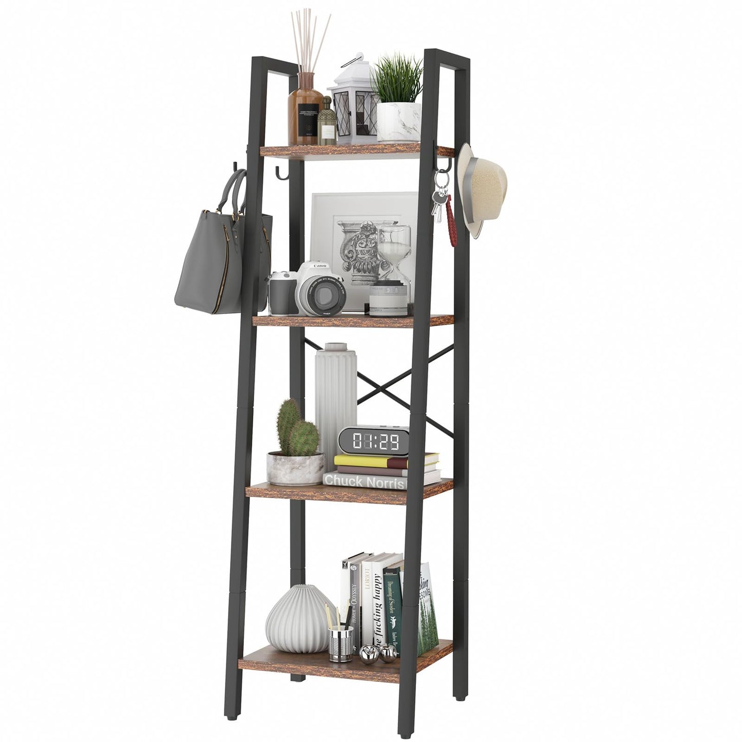 YMYNY 4 Tiers Ladder Bookcase, Industrial Narrow Bookshelf, Open Display Rack with 4 S Hooks, Metal Storage Shelves for Bedroom, Home Office, Living Room, Rustic Brown, 49.2H*13.4L*11.8W, UHBC024H