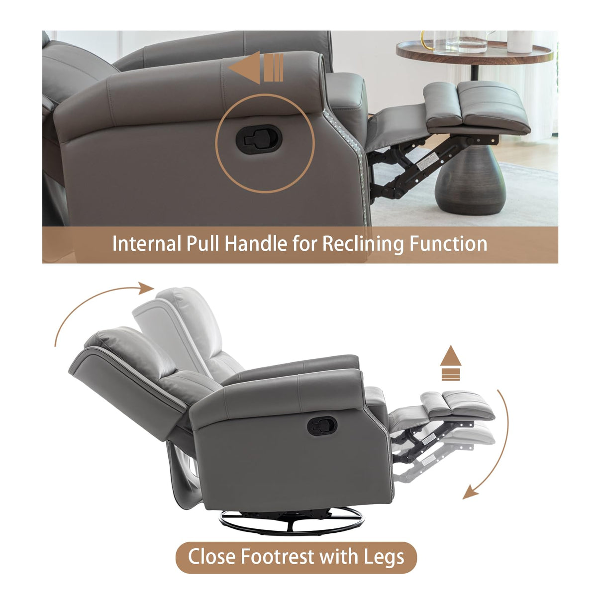 Modern Genuine Leather Swivel Rocker Recliner Chair, Manual Glider Rocking Chairs for Adults, Overstuffed Nursery Rocking Chairs with Footrest, Rocker Recliner for Living Room, Bedroom (Grey) HOMEFLEX