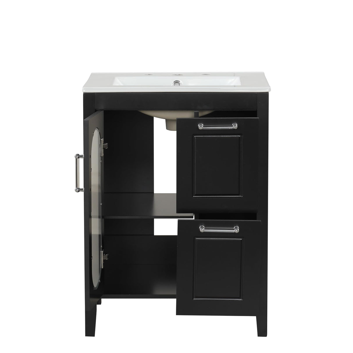 Harper & Bright Designs 24" Bathroom Vanity with Sink, Free Standing Single Basin Vanity Set with Two Drawers and Glass Door, Modern Wooden Bathroom Cabinet with Ceramic Basin for Bathroom, Black Harper & Bright Designs