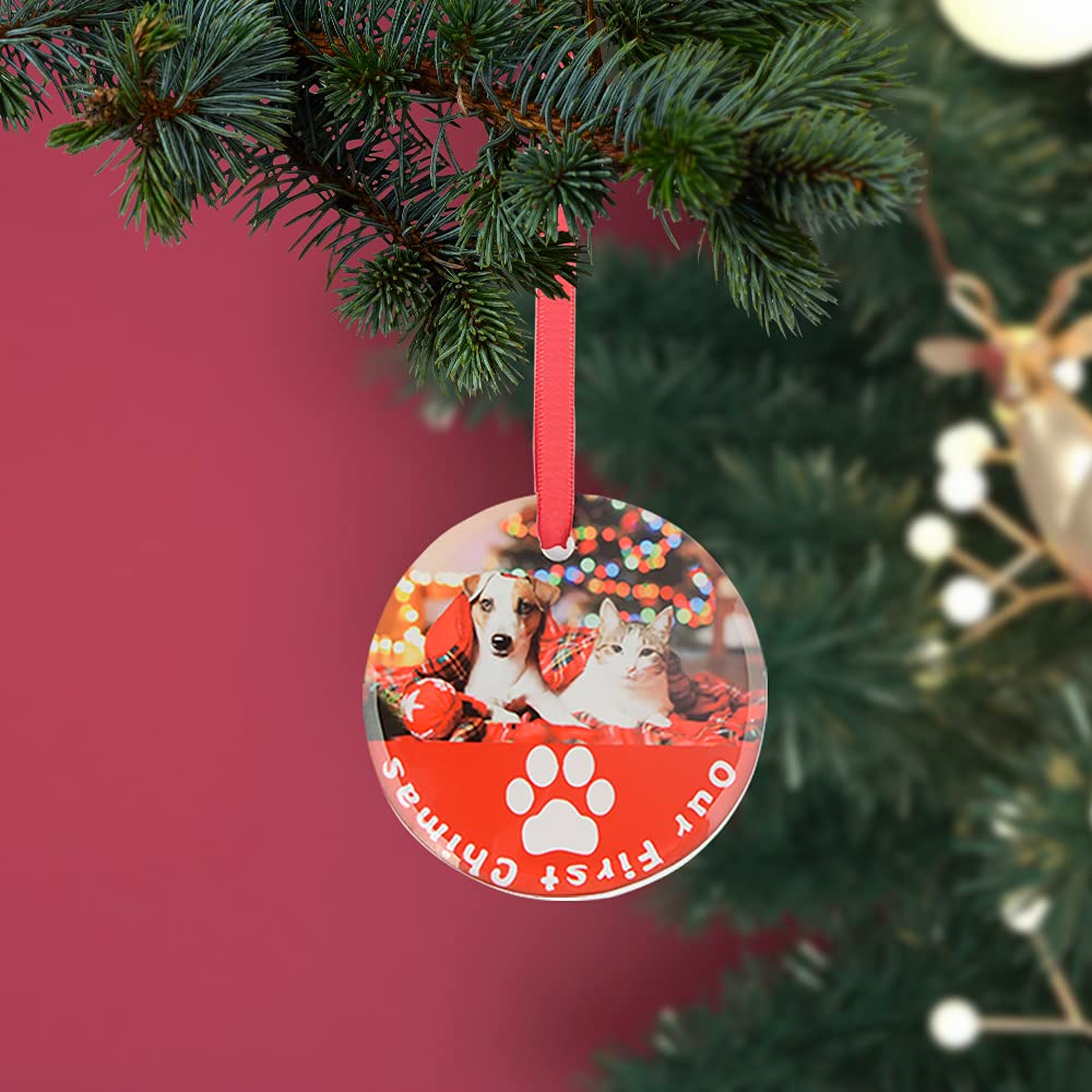 PYD Life 24 PCS Sublimation Ornament Blanks Glass 3 Inch Round Ornament with Red Ribbon for DIY Crafting Personalized Home Christmas Decor Bulk