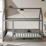 PVWIIK Twin Size Montessori Floor Bed with Roof & Fence Guardrails for Boys Girls Bedroom,Twin Size Floor Wooden Bed Frame,Easy Assemble,No Box Spring Needed, Gray PVWIIK
