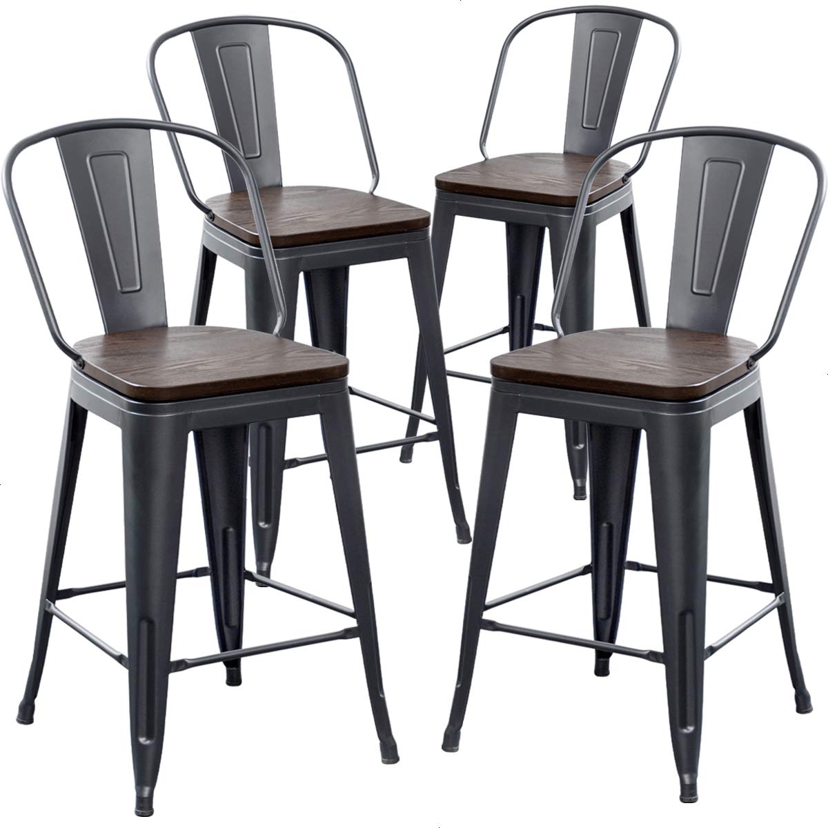 Aklaus Metal Bar Stools Set of 4,24 inch Barstools Counter Height Bar Stools with Backs Farmhouse Bar Stools with Larger seat High Back Kitchen Dining Chairs Modern Bar Chairs Matte Black Stool Aklaus