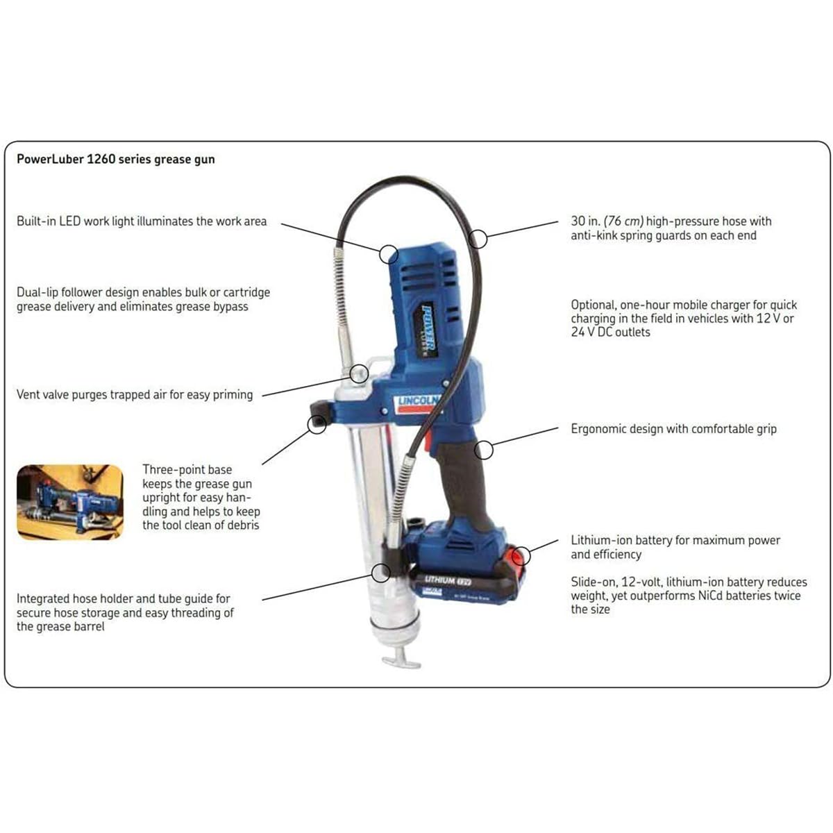 Lincoln 1262 PowerLuber 12 Volt Battery Powered Grease Gun with 30" Hose for Automotive, Agricultural, and Industrial Equipment, 8,000 PSI, Trigger-operated, Single Speed, (1) Lithium-Ion Battery Pack Lincoln