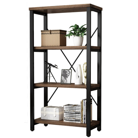 Rustic Solid Wood 4-Tier Bookshelf with Industrial Metal Frame - Vintage Storage Organizer in Retro Brown AY-AOYUAN