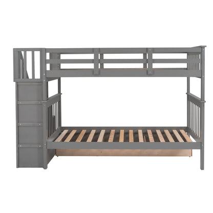 Harper & Bright Designs Twin Over Twin Bunk Bed with Stairs and Drawers, Solid Wood Stairway Bunk Bed with Storage for Kids Teens Adults, Bedroom, Dorm (Gray)