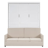 LZ LEISURE ZONE Queen Size Murphy Bed, Wooden Queen Murphy Wall Bed with Cushion and Sofa, for Home Office or Small Room, White LZ LEISURE ZONE