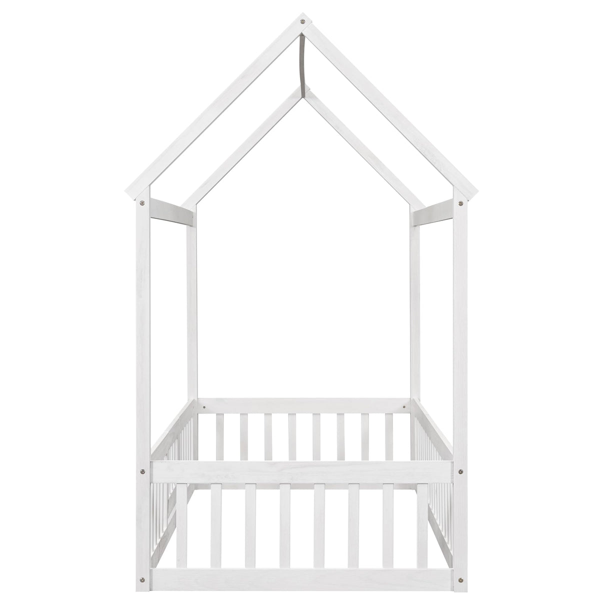 Harper & Bright Designs Twin House Bed with Fence and Door for Kids - White Wash Montessori Floor Bed Harper & Bright Designs