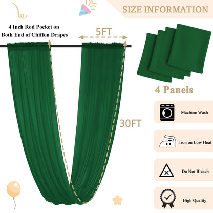 MODFUNS Ceiling Drapes for Parties Green Chiffon Ceiling Curtains 5x30FT 4 Panels Sheer Draping Fabric Tulle Curtain Drapery Elegant Arbor Ceiling Fabric for Bridal Baby Shower Party Tent Drapes