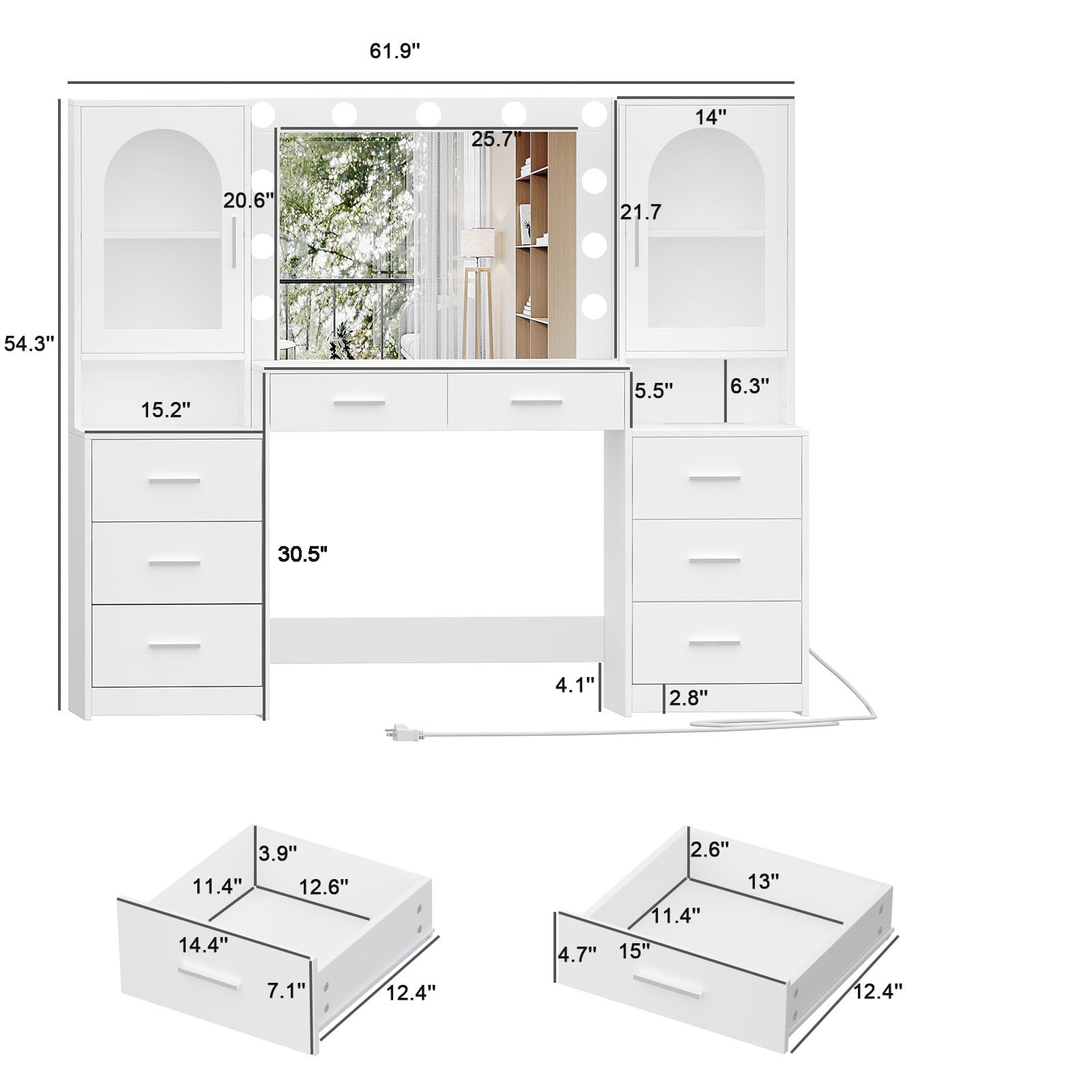 Rovaurx Large Vanity Desk with Mirror & Lights, Large Makeup Vanity Table with Charging Station, Bedroom Makeup Vanity with 8 Drawers and Side Cabinet, 3 LED Light Modes, White RSZT113W - WoodArtSupply