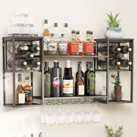 HEONITURE Wall Mounted Wine Rack with Glass Holder,Metal Floating Bar Liquor Shelves 2 Tier,Wine Glass Rack Multi Functional Wine Storage Display Rack for Home Bar Dining Room Kitchen HEONITURE