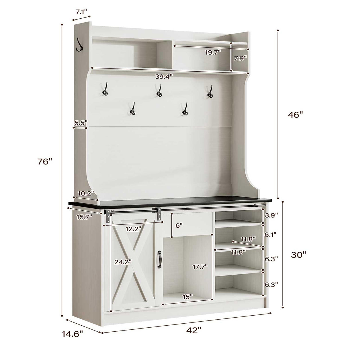 4ever2buy Farmhouse Hall Tree with Bench and Shoe Storage, 5-in-1 Farmhouse Hall Tree with Adjustable Shelf and Barn Doors, Entryway Bench with Coat Rack, White 4ever2buy