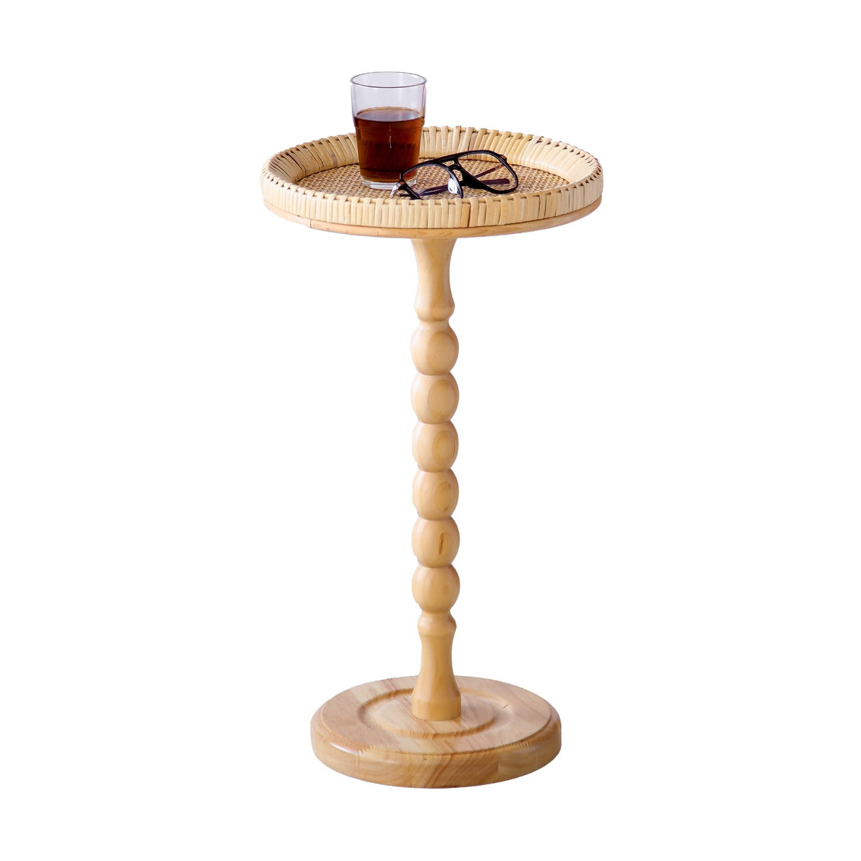 HuiDao Drink Table，Rattan Round Small Side Table for Small Spaces, Boho Circle End Table Coffee Table with Solid Wood Leg for Living Room, Pedestal Table for Bedroom, Corners HuiDao