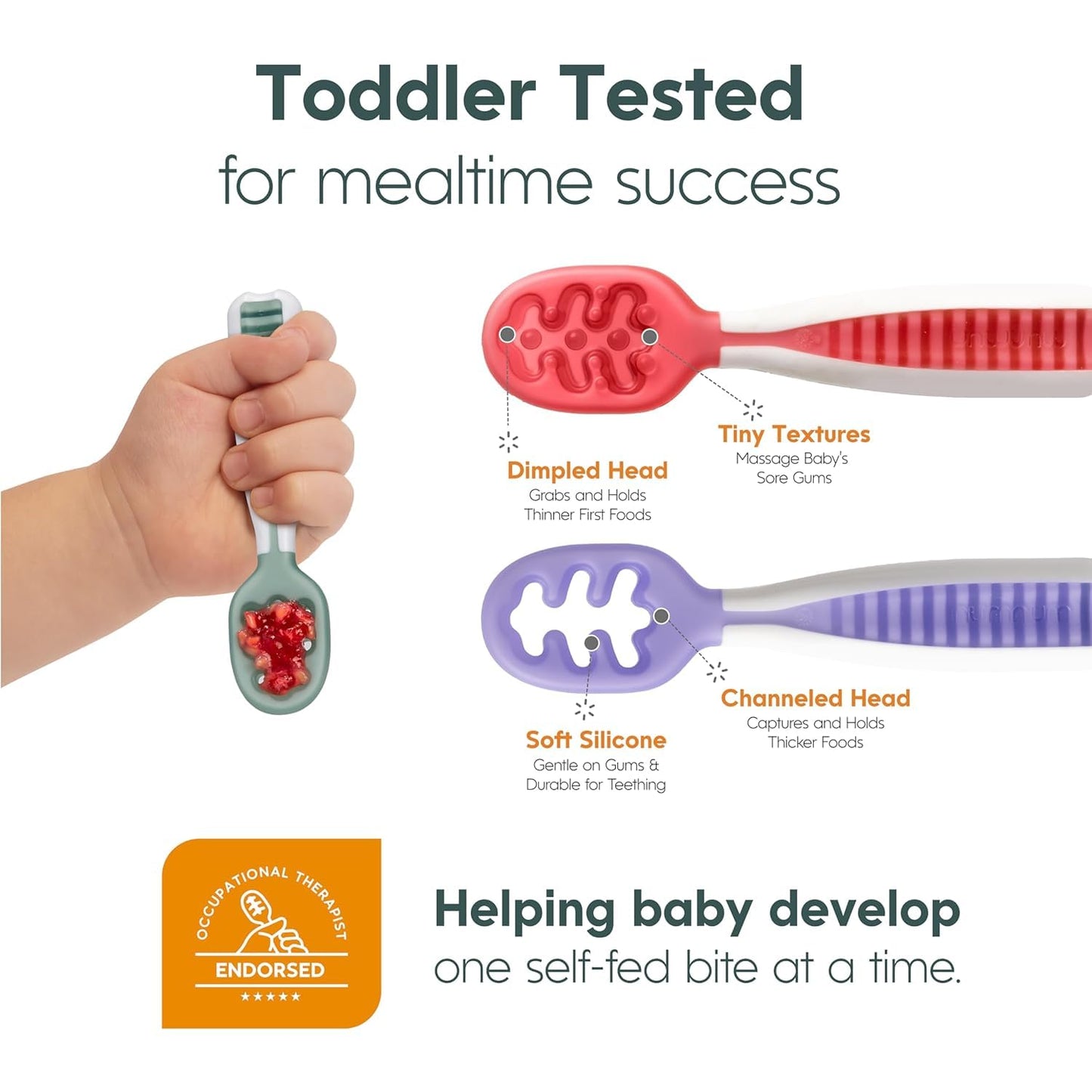 NumNum Baby Spoons Set, Pre-Spoon GOOtensils for Kids Aged 6+ Months - First Stage, Baby Led Weaning (BLW) Spoon - Self Feeding, Silicone Toddler Food Utensils - 2 Spoons, Blue/Orange