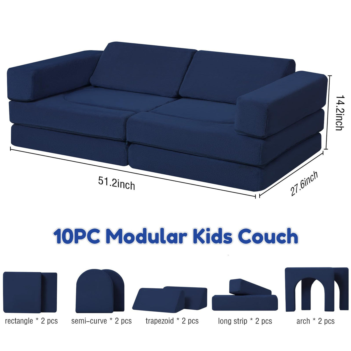 MeMoreCool Modular Kids Play Couch – 10-Piece Foam Sofa for Toddlers & Kids, Convertible Playroom Furniture and Fold-Out Floor Bed, High-Density Foam with Washable Covers – Navy Blue MeMoreCool
