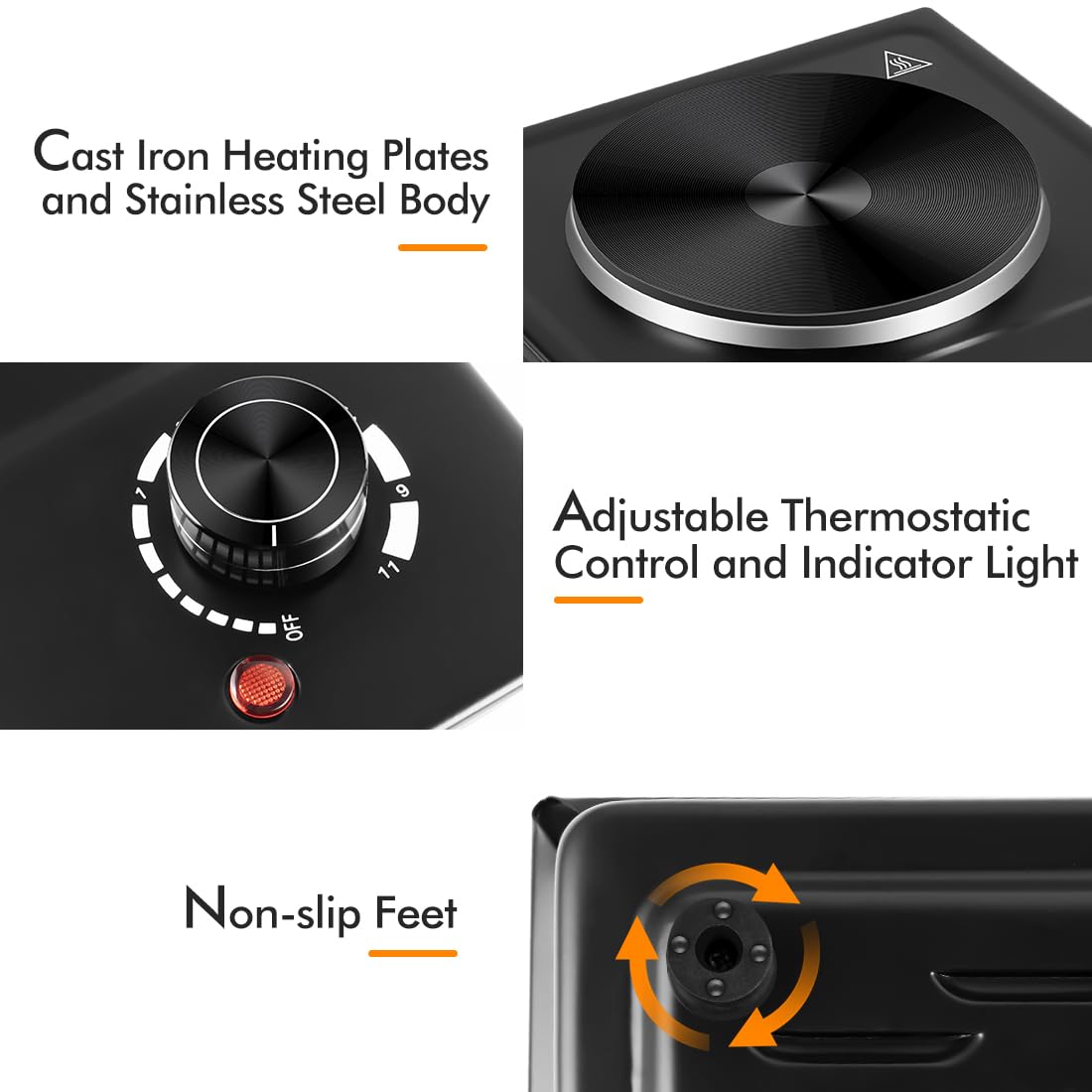 CUSIMAX Hot Plate, Single Burner Electric Cooktop, 1500W Electric Burner Hot Plate for Cooking with Adjustable Temperature, Portable Countertop Burner Stainless Steel, Black, New Model CUSIMAX