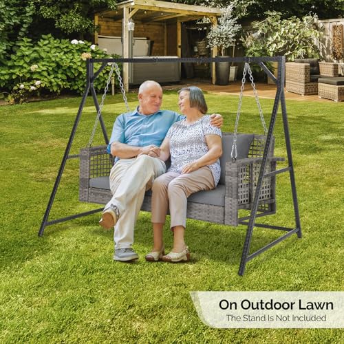 VINGLI 4 FT Rattan Porch Swing Outdoor Support 800 LBS with Cushions & Adjustable Chains, Patio Wicker Swing Bench Chair for Garden, Yard, Lawn, Tree, Grey VINGLI