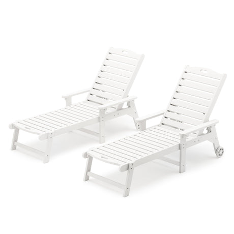 LUE BONA Outdoor Chaise Lounge Chairs Set of 2, HDPS Material, 3-Year Warranty, Patio Lounge Chair with Adjustable Backrest, Resin Pool Lounge Chairs with Wheels for Outside, Poolside, Beach, White LUE BONA