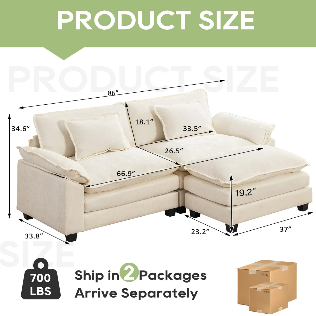 Oprisen 86" Modular Sectional Sofa, Comfy Cloud Couch Sectional Sofa with Ottoman, Chenille Sofa Sleeper Deep Seat Sofa with Throw Pillows for Living Room (Beige White, 86"- L Shape) Oprisen