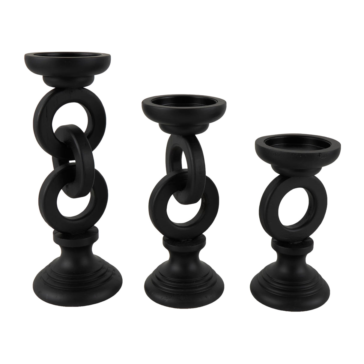 Deco 79 Wooden Decorative Candle Holder Chain Link Candle Stand, Set of 3 Candlestick Holder 13", 11", 9" H, Black Deco 79