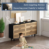 NTYUNRR 51.18" Black Rattan Dresser, 6 Drawer Double Dresser for Bedroom, Wooden Dresser Chest of Drawers, Modern Large Closet Boho Dressers Storage Cabinet, for Living Room Hallway Entryway, M NTYUNRR