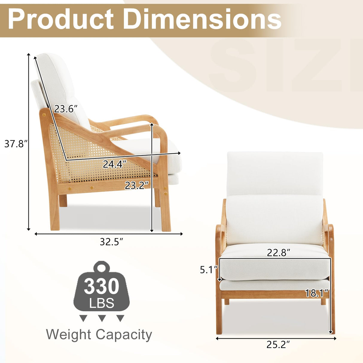 Karl home Modern Accent Chair, Mid-Century Woven Rattan Chairs with Upholstered Lounge Armchair with Oak Wood Frame & Soft Cushion for Living Room, Bedroom, Reading Room (White) Karl home
