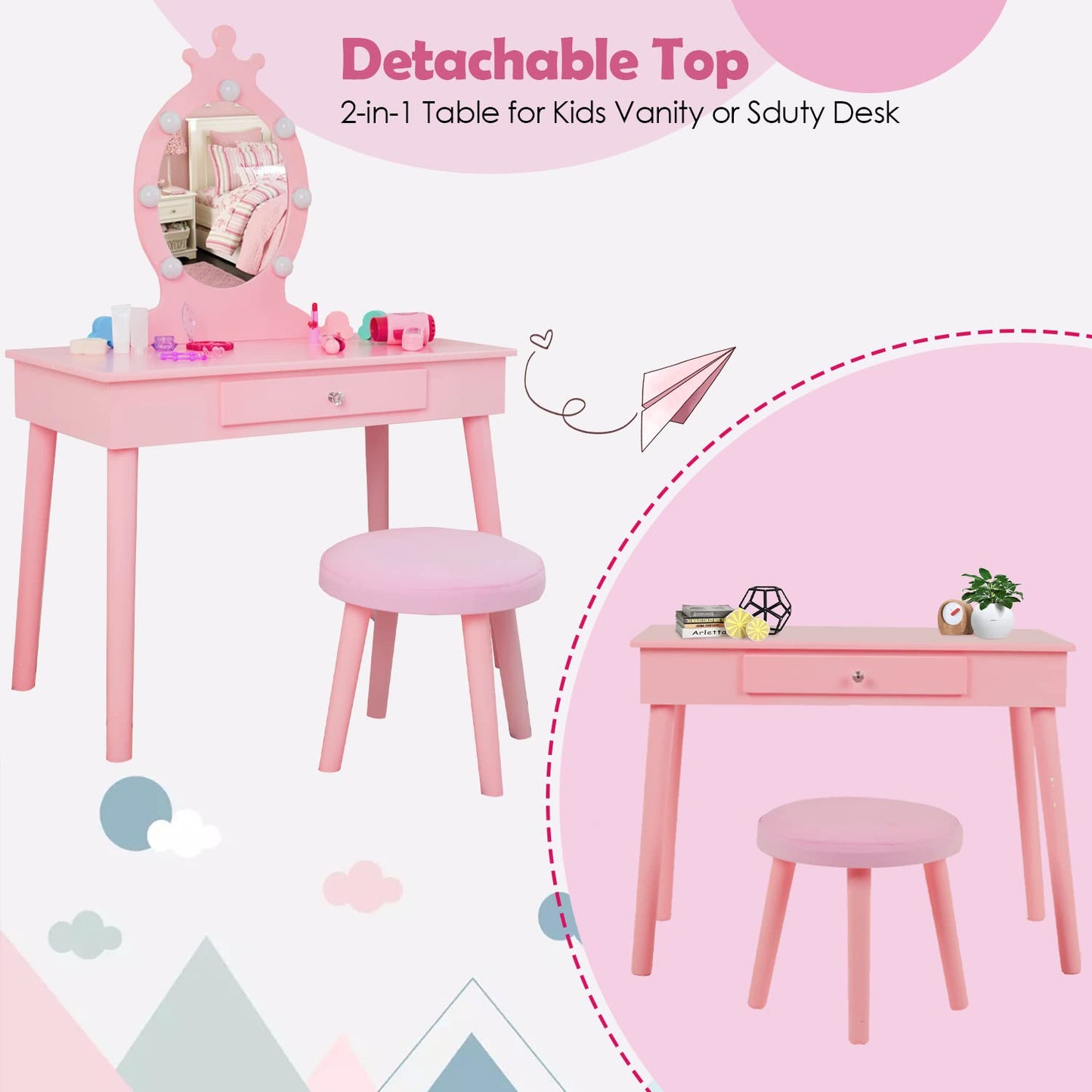 Vabches Kids Makeup Vanity with Lights and Mirror,Little Girl Vanity Table and Chair Set,Cute and Sturdy,Pink