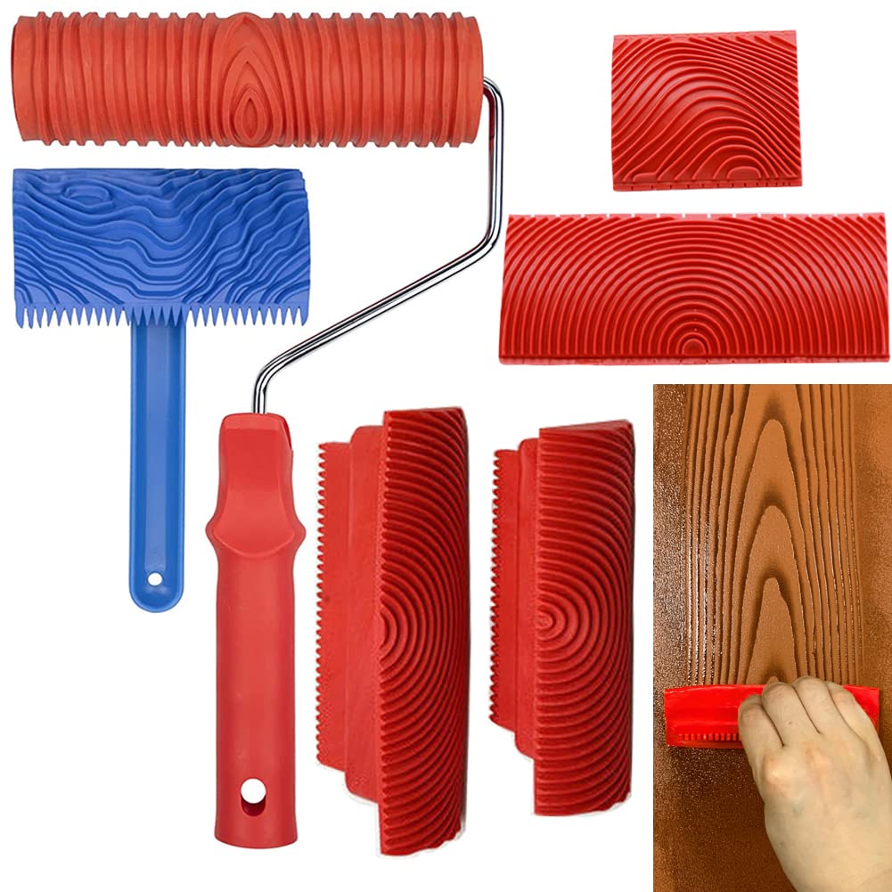 Wood Graining Tool Set, 6pcs 7" Fake Wood Grain Roller Painting Tool with Handle DIY Rubber Graining Tool Paint Look Like Wood for Wall Room Art Paint Decoration WoodArtSupply