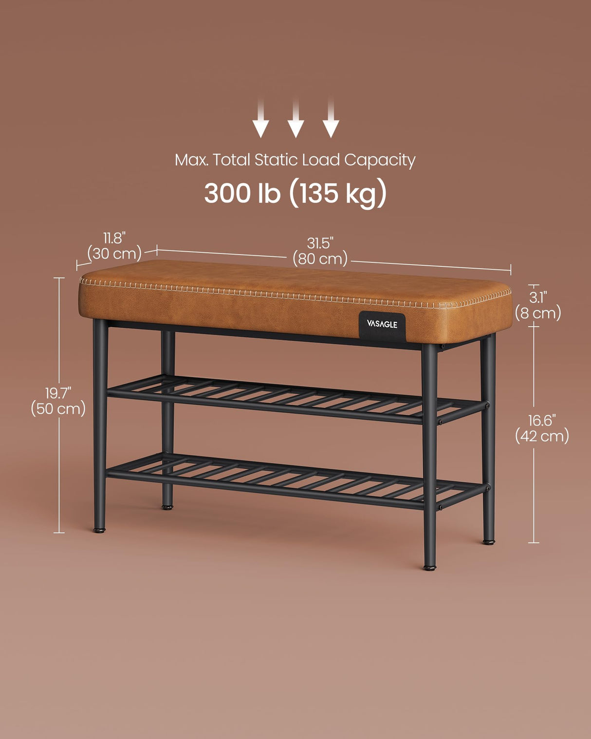 VASAGLE EKHO Collection - Shoe Rack Bench, Storage Bench for Entryway, Synthetic Leather with Stitching, Mid-Century Modern, Loads 300 lb, 11.8 x 31.5 x 19.7 Inches, Caramel Brown ULSB054K01 VASAGLE