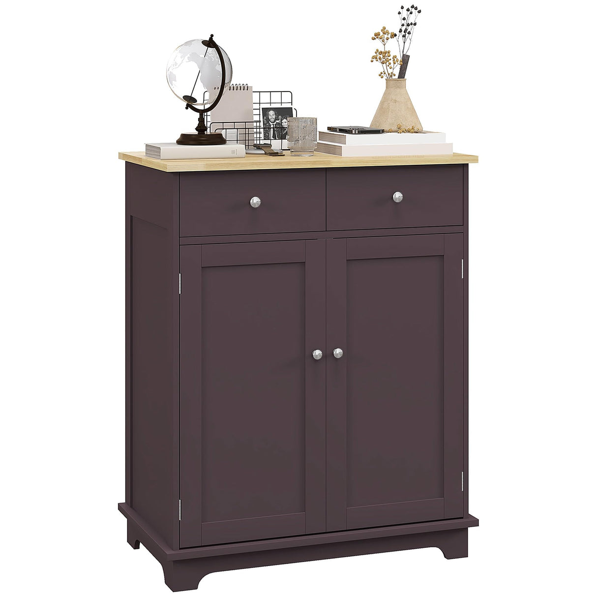 HOMCOM Sideboard with Solid Wood Countertop, Modern Kitchen Storage Cabinet, Coffee Bar Cabinet with 2 Drawers, Doors and Adjustable Shelf, Coffee HOMCOM