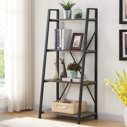 BON AUGURE Industrial 4-Tier Ladder Bookshelf in Dark Gray Oak - WoodArtSupply