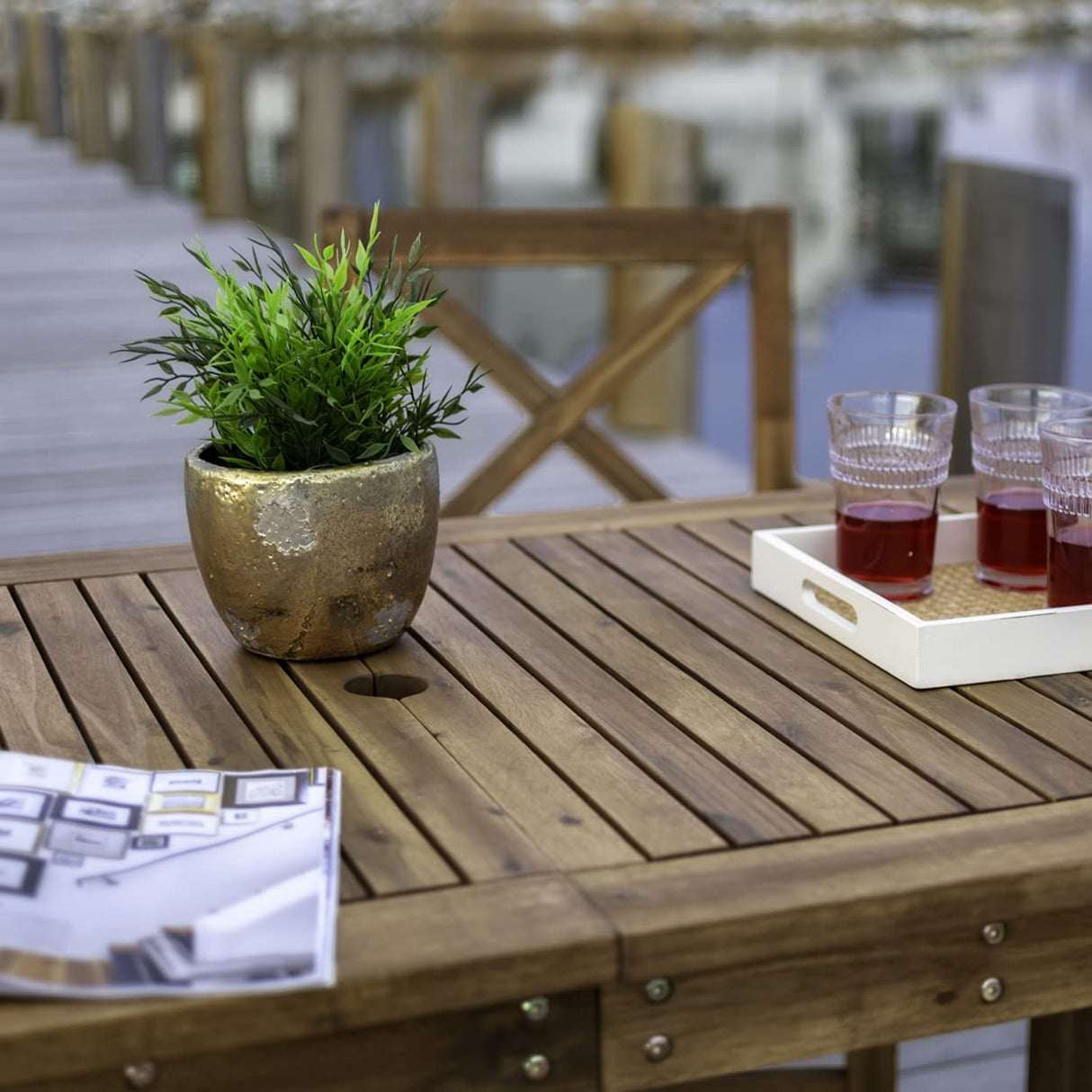 Walker Edison Delray Classic 5 Piece Acacia Wood Outdoor Dining Table and X-Back Chair Set with Cushions, Set of 5, Brown Walker Edison