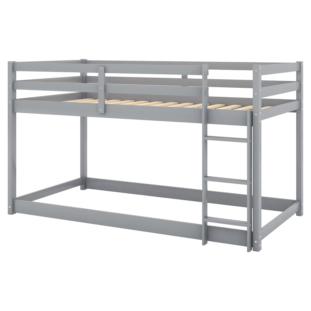 ZJIAH Low Bunk Bed Twin Over Twin, Solid Wood Floor Bunk Bed Frame with Ladder & Safety Guardrails, Twin Bunk Beds for Kids Boys and Girls, Saving Space, No Box Spring Needed, Gray ZJIAH