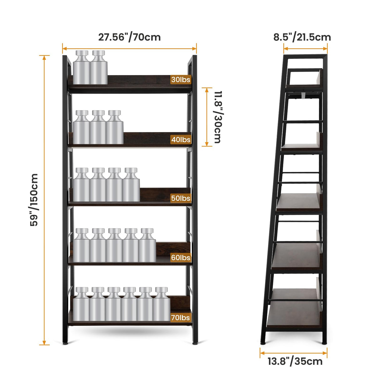 Himimi Ladder Bookshelf, 5 Shelf Bookcase Industrial Bookshelf Wood and Metal Bookshelves, Plant Flower Stand Rack Book Storage Shelves for Living Room, Bedroom, Home Office (2 PCS) Himimi
