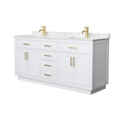 Wyndham Collection Beckett 72 Inch Double Bathroom Vanity with Toe Kick in White, Carrara Cultured Marble Countertop, Undermount Square Sinks, Brushed Gold Trim Wyndham Collection
