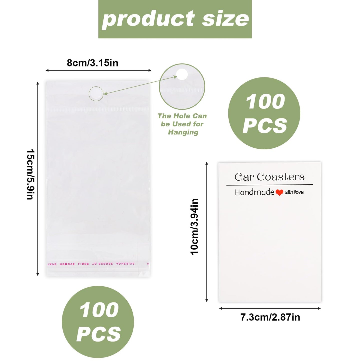 100 Sets Car Coaster Packaging, Includes 100pcs Car Coasters Display Cards & 100pcs Self Sealing Cellophane Bags, Sublimation Coaster Packaging for Selling Car Coasters (Single Pack)