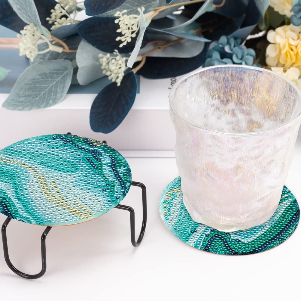 8 Pcs Ocean Diamond Art Painting Coasters with Holder, DIY Ocean Diamond Crafts Coasters for Adults, Diamond Art Painting Kits for Women, Beginners, Diamond Craft Supplies SOEWIOU