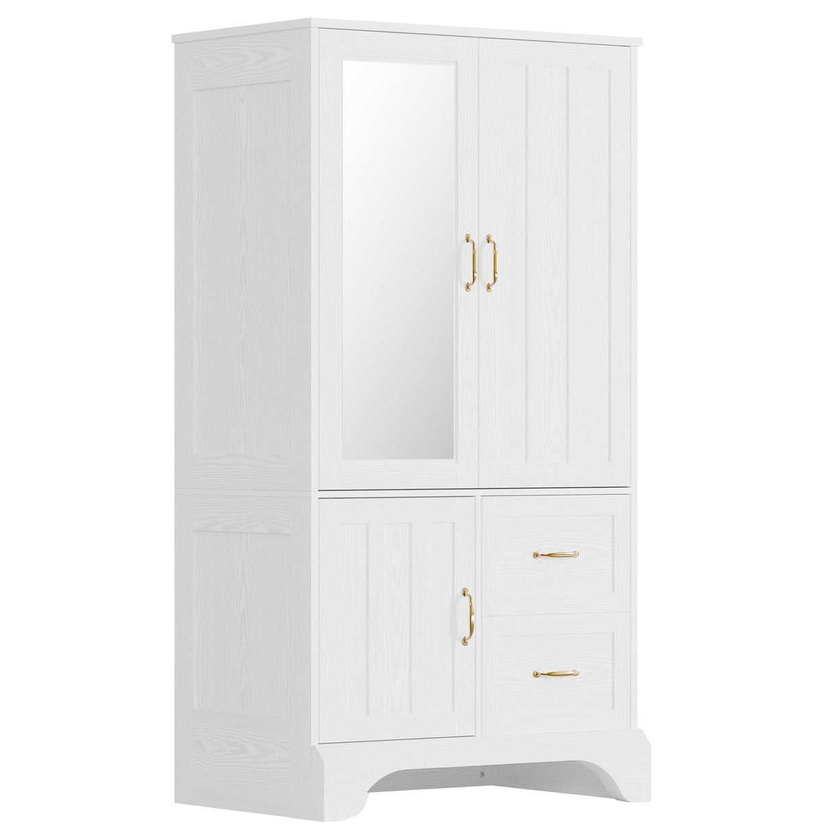 LIKIMIO Armoire Wardrobe Closet with Mirror and 3 Doors and 2 Drawers, Bedroom Wooden Armoire Storage Cabinet Combination with Hanging Rod for Bedroom, White LIKIMIO