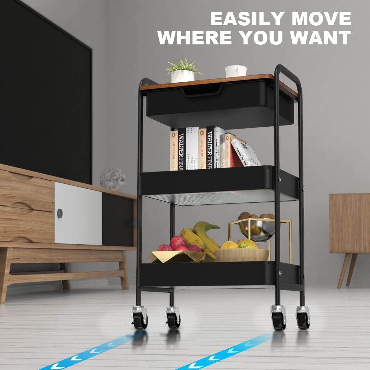 Aratan 3 Tier Rolling Cart with Drawer, Metal Utility Cart on Wheels Storage Cart with Wood Top, Kitchen Cart Art Cart Organizer for Bathroom Office Balcony Living Room Aratan