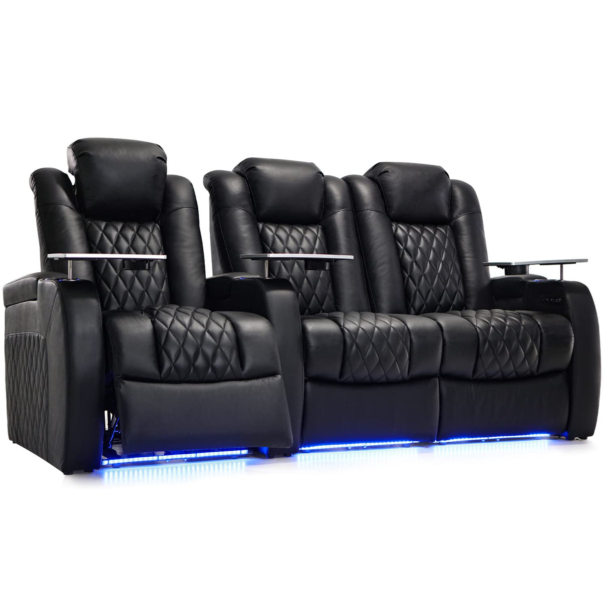 Weilianda Home Theater Seating Top Grain Leather Zero Gravity Recliner Chair Power Headrest Recline Movie Seat Gaming 7 Colors Mood Light Sofa with Tray Table USB Charge Row of 3 Loveseat Right Black Weilianda