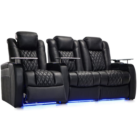 Weilianda Home Theater Seating Top Grain Leather Zero Gravity Recliner Chair Power Headrest Recline Movie Seat Gaming 7 Colors Mood Light Sofa with Tray Table USB Charge Row of 3 Loveseat Right Black Weilianda