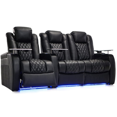 Weilianda Home Theater Seating Top Grain Leather Zero Gravity Recliner Chair Power Headrest Recline Movie Seat Gaming 7 Colors Mood Light Sofa with Tray Table USB Charge Row of 3 Loveseat Right Black